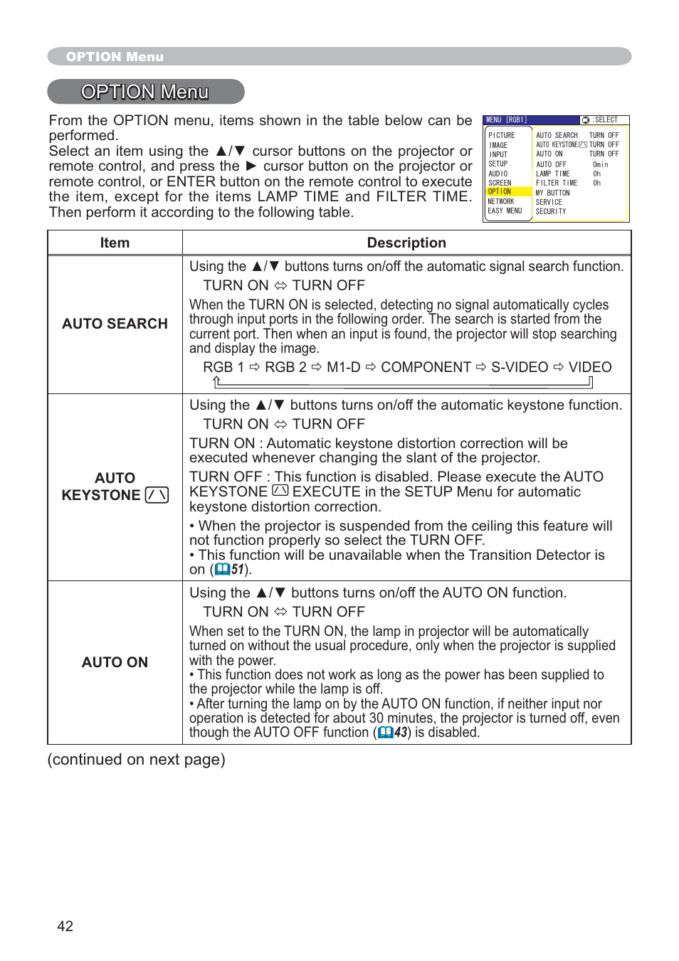 Option menu, Continued on next page) | SRS Labs CP-X505/CP-X605 User Manual | Page 42 / 69