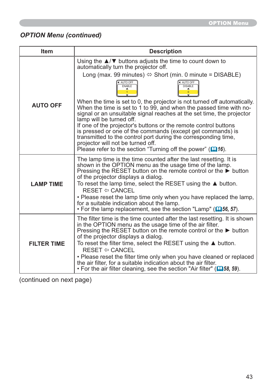 Option menu (continued) (continued on next page) | SRS Labs CP-X505/CP-X605 User Manual | Page 43 / 69
