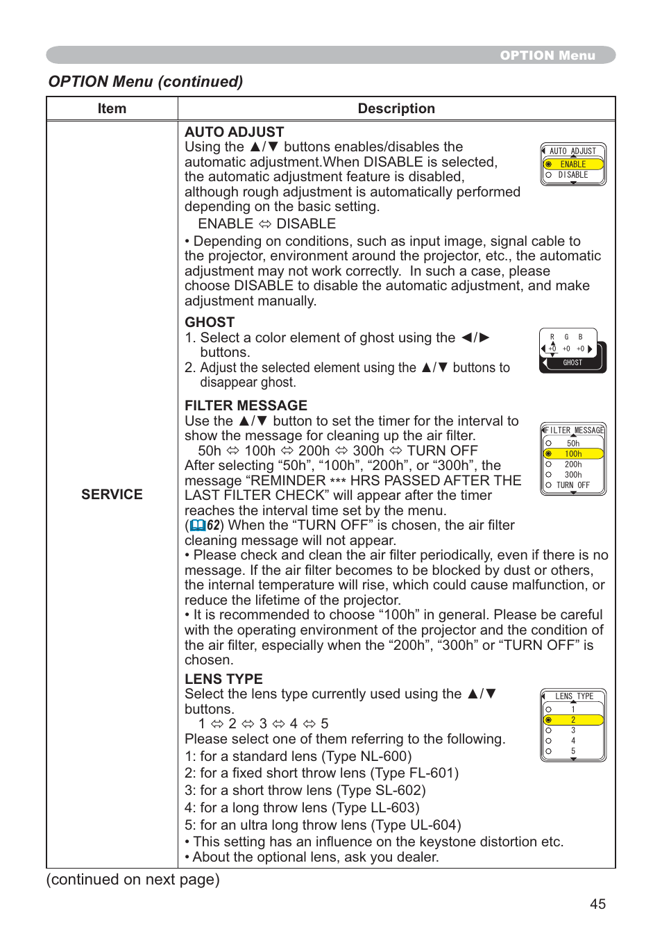 Option menu (continued), Continued on next page) | SRS Labs CP-X505/CP-X605 User Manual | Page 45 / 69