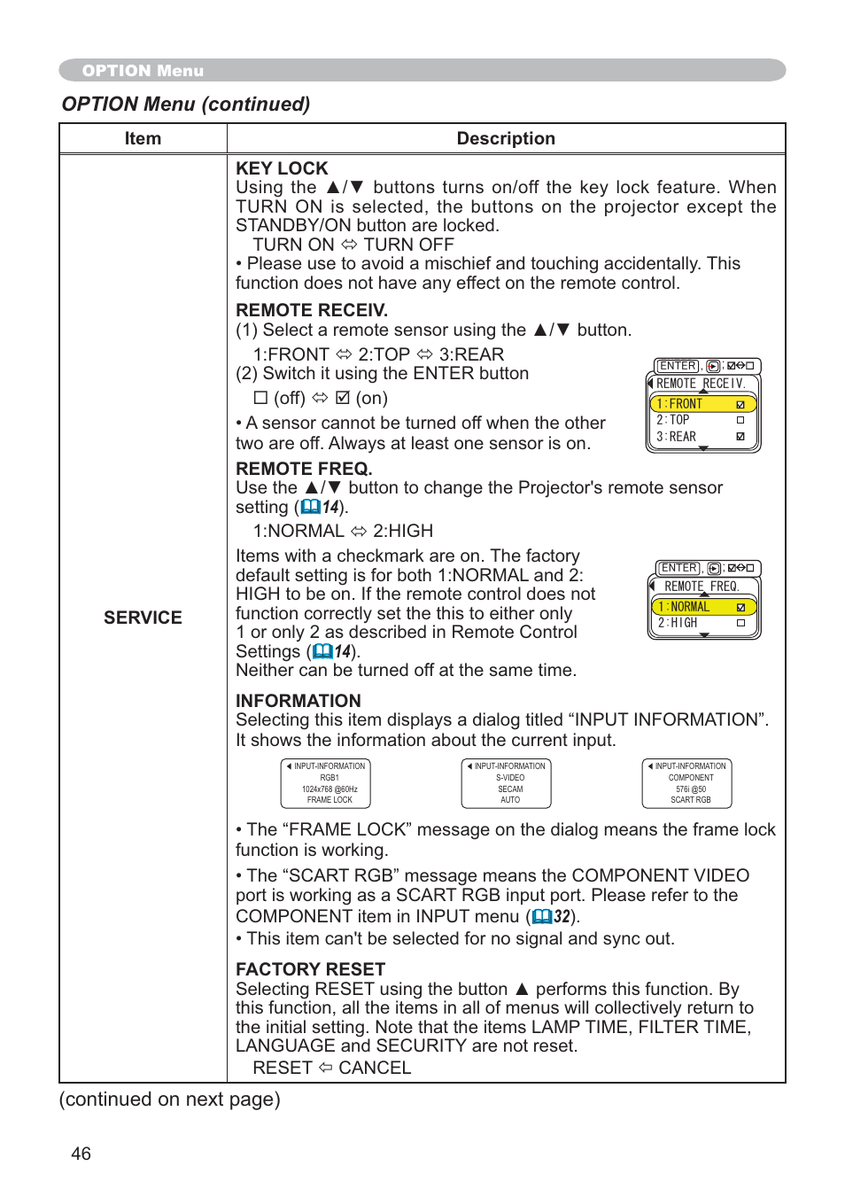 Option menu (continued), Continued on next page) | SRS Labs CP-X505/CP-X605 User Manual | Page 46 / 69