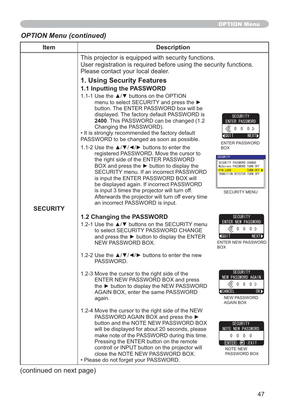 Using security features, Option menu (continued), Continued on next page) | 1 inputting the password, 2 changing the password | SRS Labs CP-X505/CP-X605 User Manual | Page 47 / 69