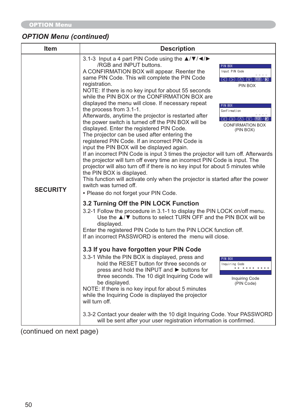 Option menu (continued), Continued on next page), 50 item description security | 2 turning off the pin lock function, 3 if you have forgotten your pin code | SRS Labs CP-X505/CP-X605 User Manual | Page 50 / 69