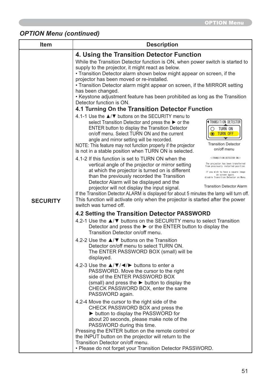 Using the transition detector function, Transition detector, Option menu (continued) | 51 item description security, 1 turning on the, Function, 2 setting the, Password | SRS Labs CP-X505/CP-X605 User Manual | Page 51 / 69