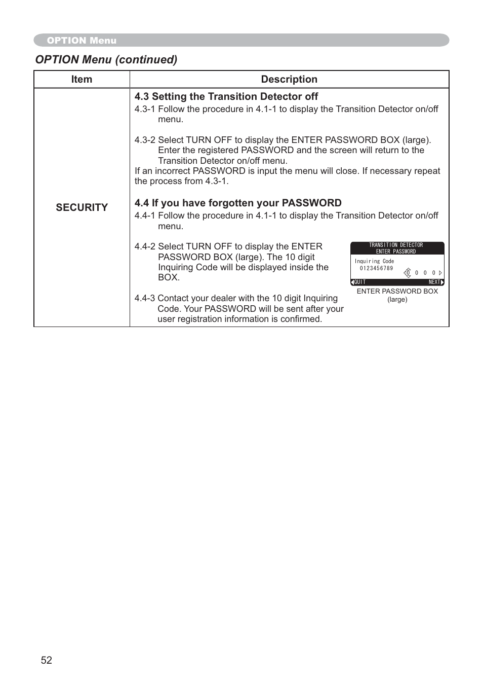 Option menu (continued) | SRS Labs CP-X505/CP-X605 User Manual | Page 52 / 69