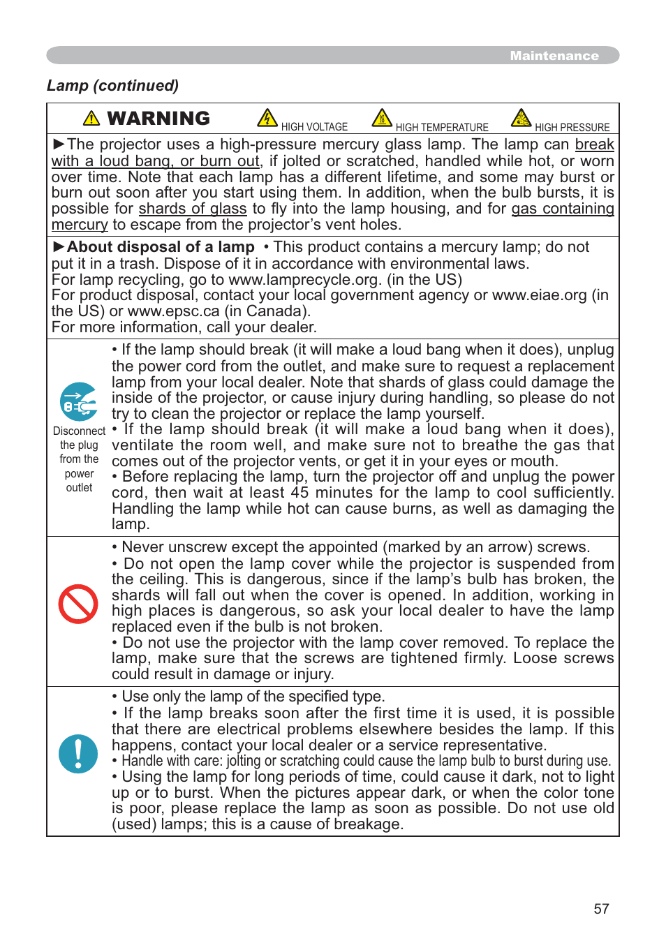 Warning | SRS Labs CP-X505/CP-X605 User Manual | Page 57 / 69