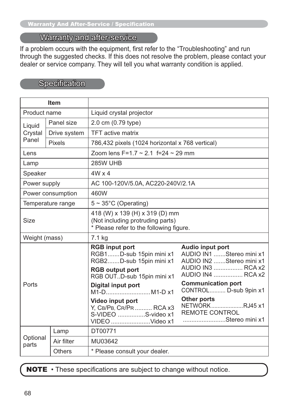 Warranty and after-service, 6shfl¿fdwlrq | SRS Labs CP-X505/CP-X605 User Manual | Page 68 / 69