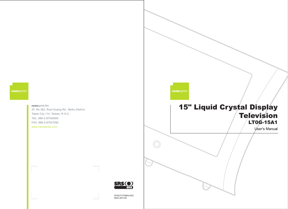 SRS Labs HANNSPREE NTSCTVTWEN1203 User Manual | 73 pages