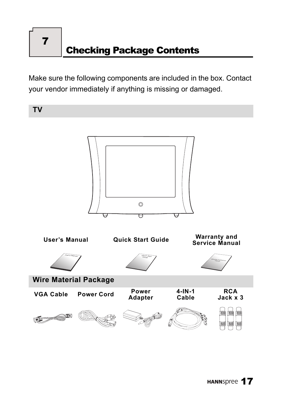 Checking package contents, G package contents, Wire material package | SRS Labs HANNSPREE NTSCTVTWEN1203 User Manual | Page 18 / 73