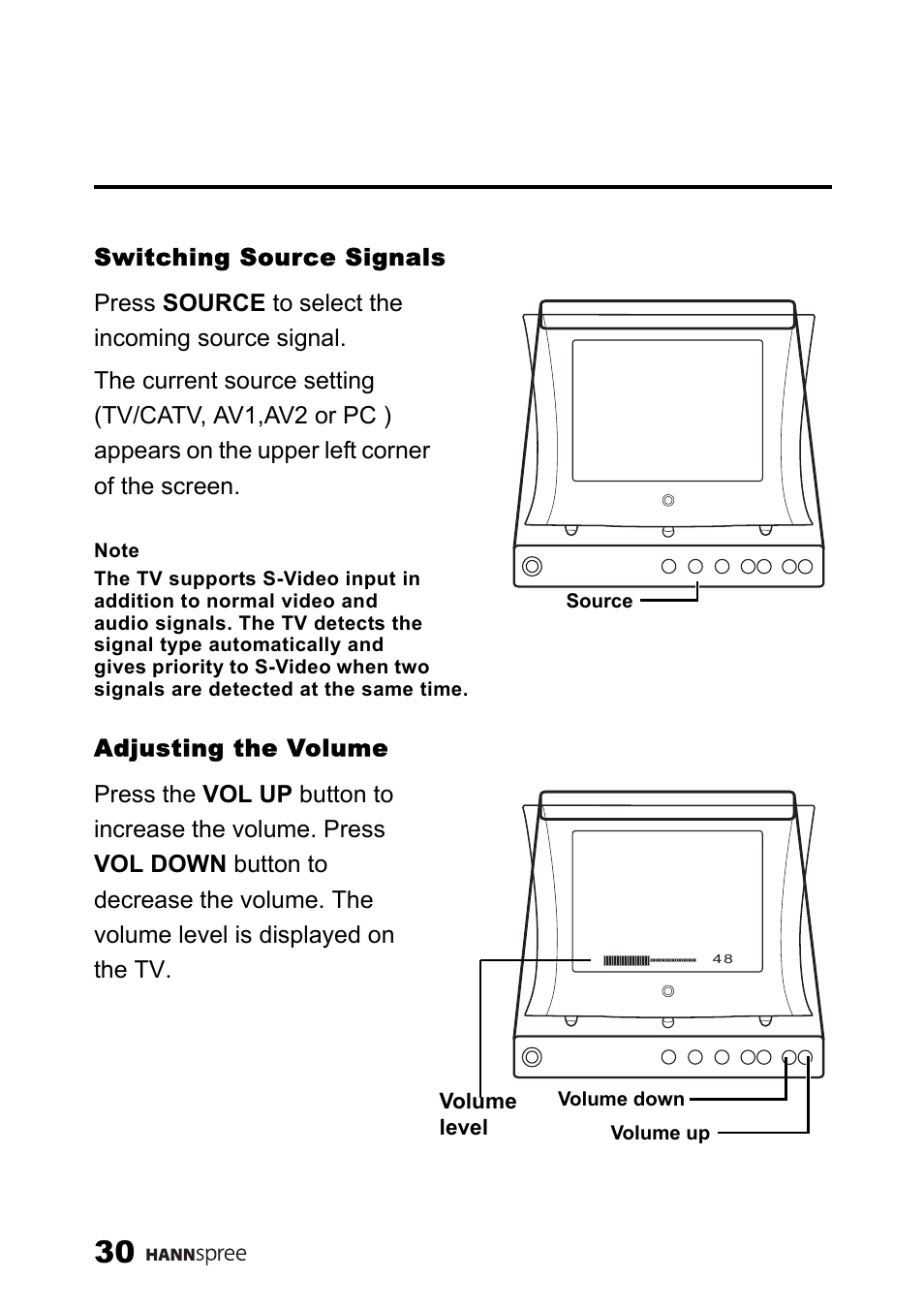 Switching source signals, Adjusting the volume, Volume level | Source, Volume down, Volume up | SRS Labs HANNSPREE NTSCTVTWEN1203 User Manual | Page 31 / 73