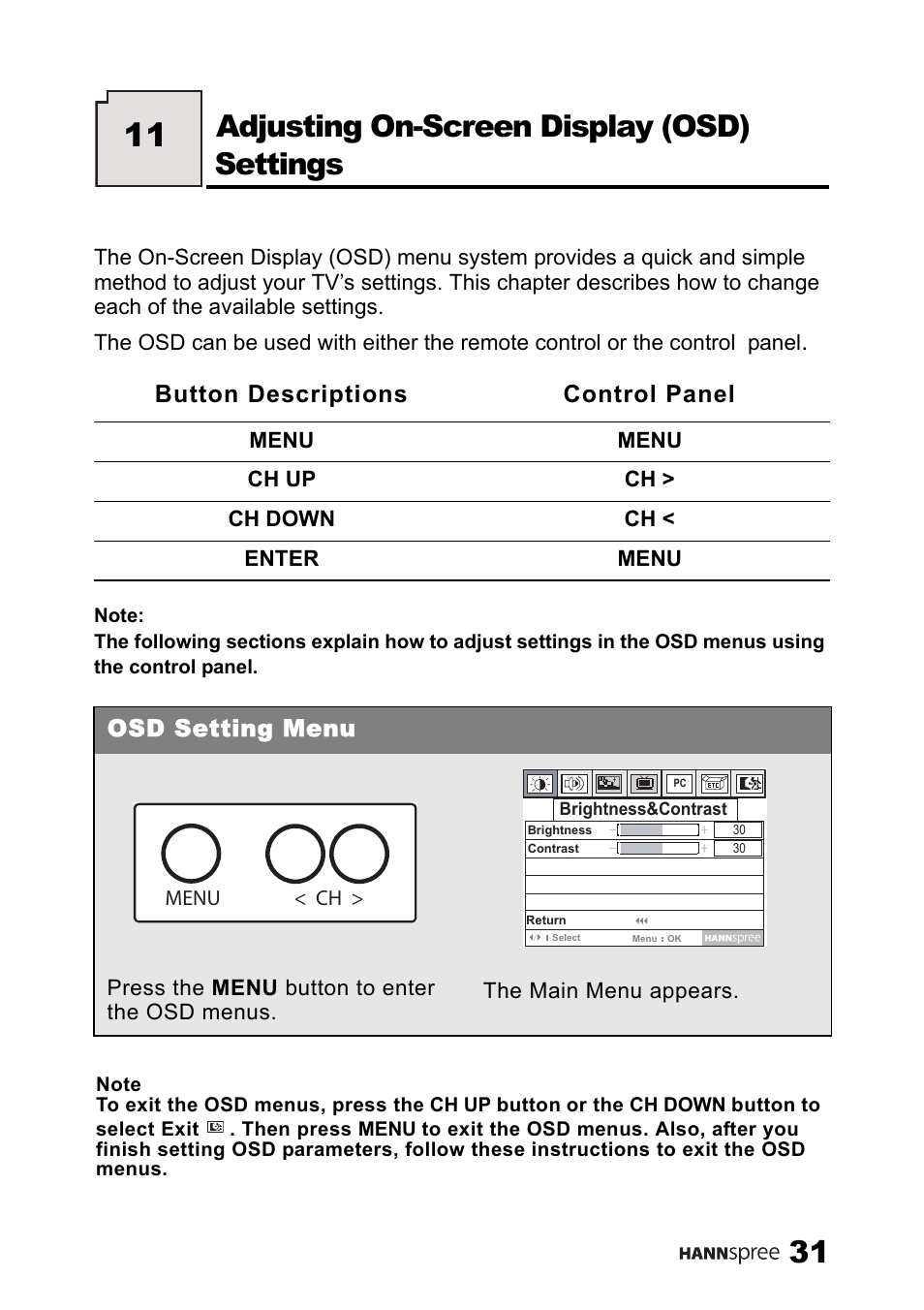 Adjusting on-screen display (osd) settings | SRS Labs HANNSPREE NTSCTVTWEN1203 User Manual | Page 32 / 73