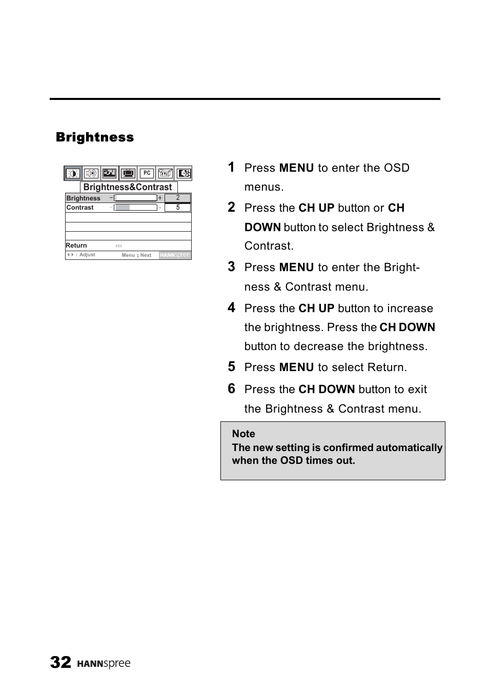 Brightness | SRS Labs HANNSPREE NTSCTVTWEN1203 User Manual | Page 33 / 73