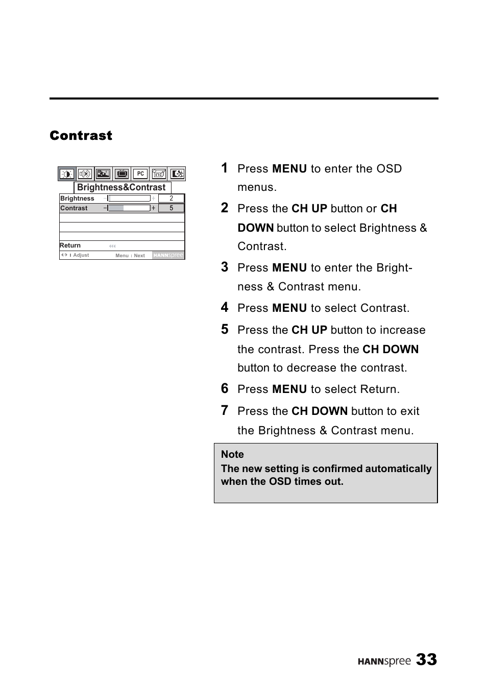 Contrast | SRS Labs HANNSPREE NTSCTVTWEN1203 User Manual | Page 34 / 73