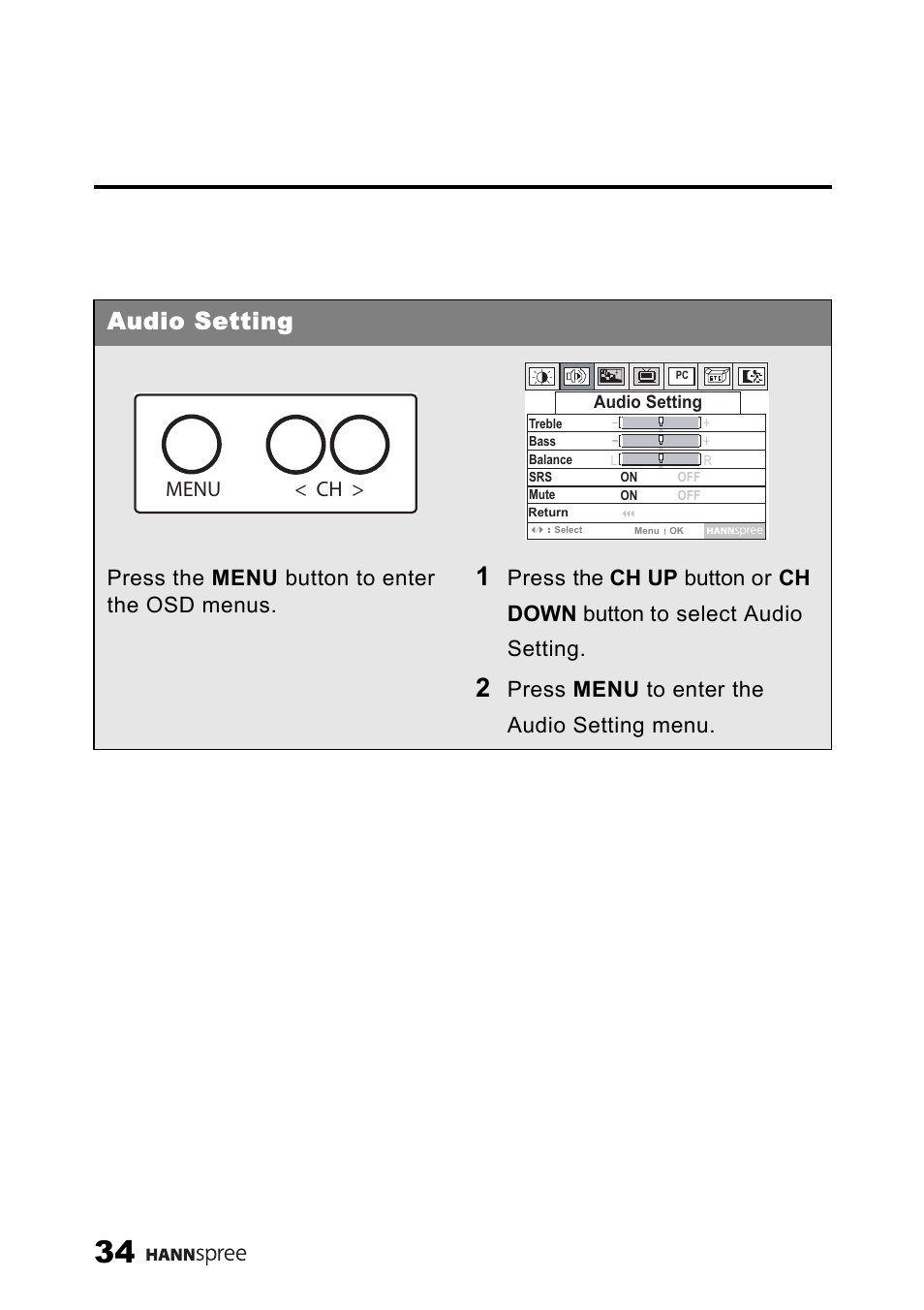 Audio setting, Press the menu button to enter the osd menus | SRS Labs HANNSPREE NTSCTVTWEN1203 User Manual | Page 35 / 73