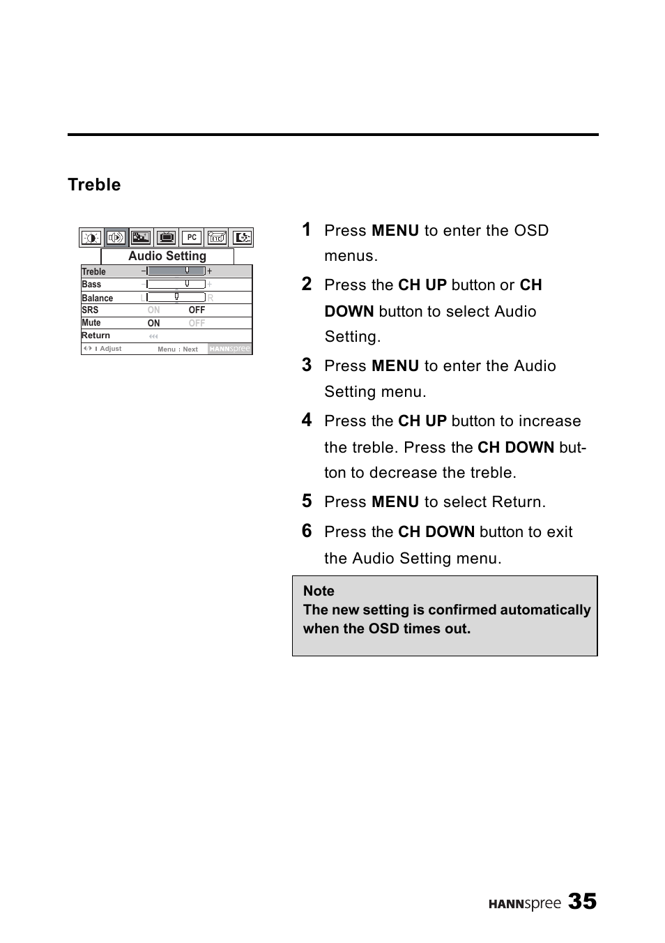 Treble | SRS Labs HANNSPREE NTSCTVTWEN1203 User Manual | Page 36 / 73