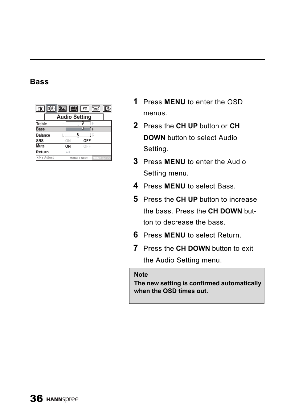 Bass | SRS Labs HANNSPREE NTSCTVTWEN1203 User Manual | Page 37 / 73