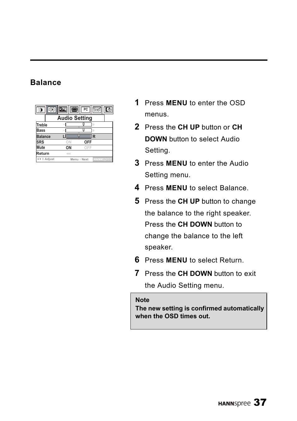 Balance | SRS Labs HANNSPREE NTSCTVTWEN1203 User Manual | Page 38 / 73