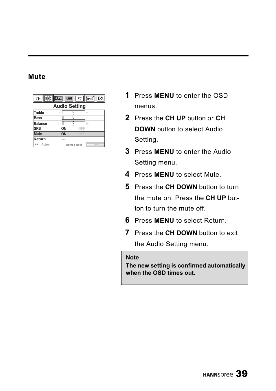 Mute | SRS Labs HANNSPREE NTSCTVTWEN1203 User Manual | Page 40 / 73