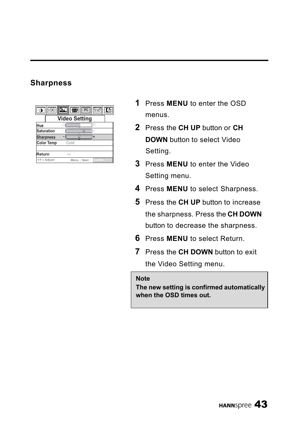 Sharpness | SRS Labs HANNSPREE NTSCTVTWEN1203 User Manual | Page 44 / 73