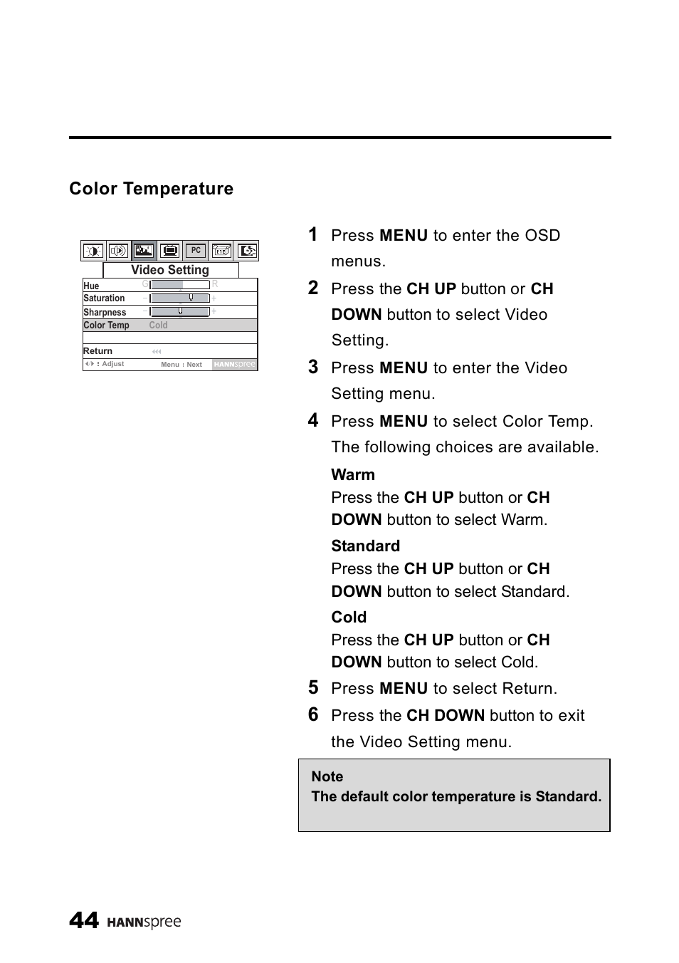 Color temperature | SRS Labs HANNSPREE NTSCTVTWEN1203 User Manual | Page 45 / 73