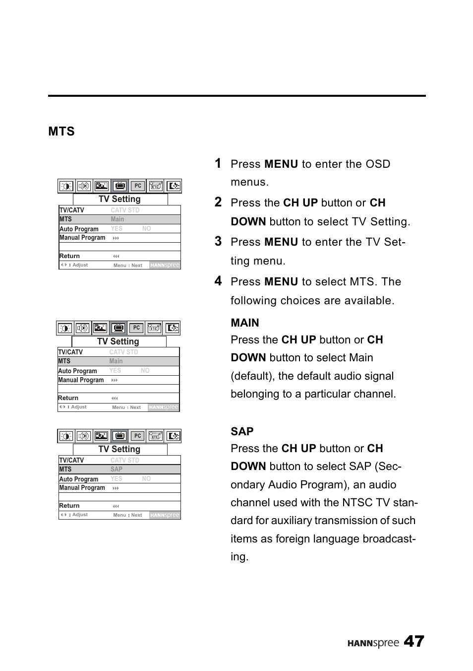 Press menu to enter the osd menus, Press menu to enter the tv set- ting menu | SRS Labs HANNSPREE NTSCTVTWEN1203 User Manual | Page 48 / 73