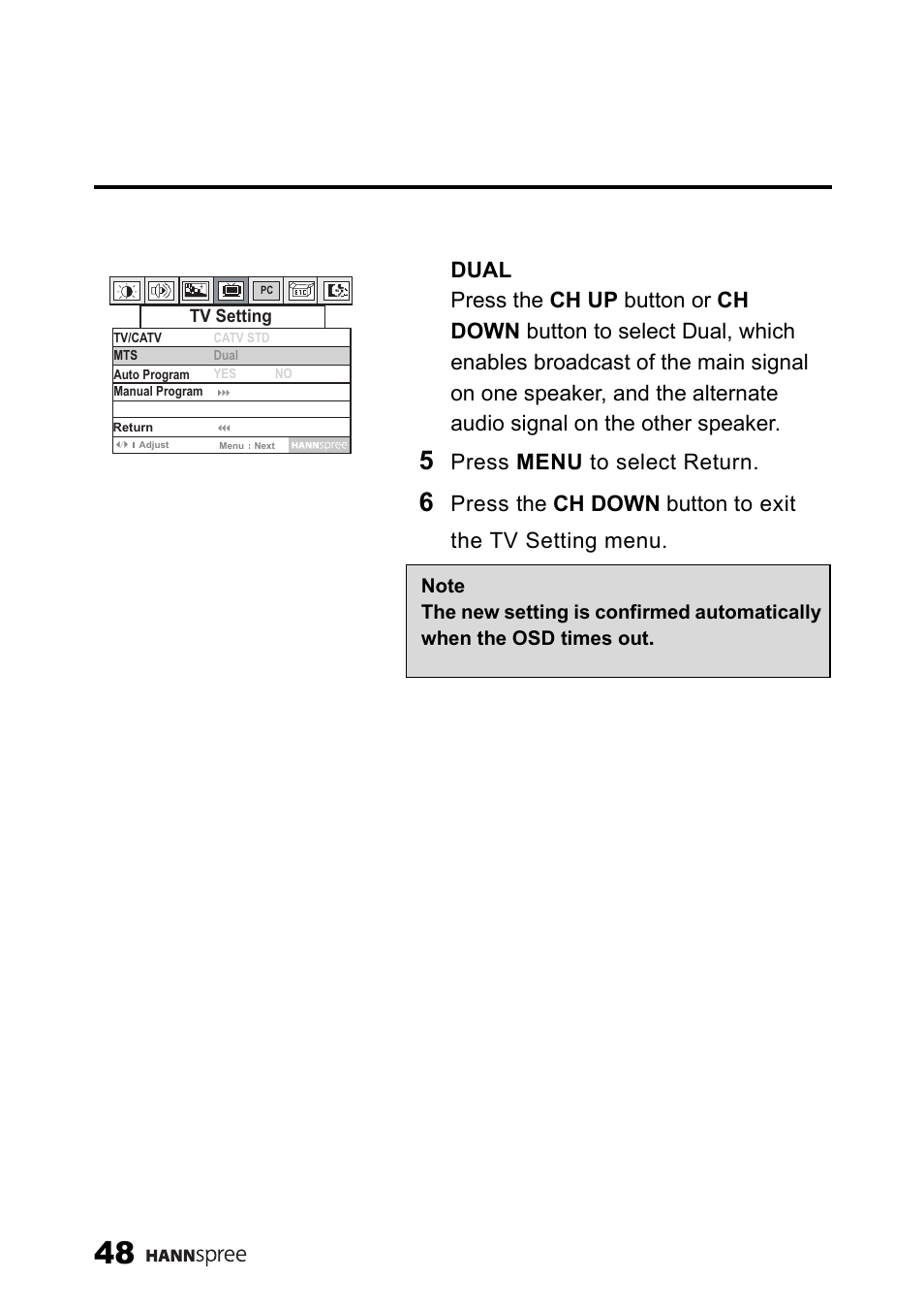 Press menu to select return | SRS Labs HANNSPREE NTSCTVTWEN1203 User Manual | Page 49 / 73