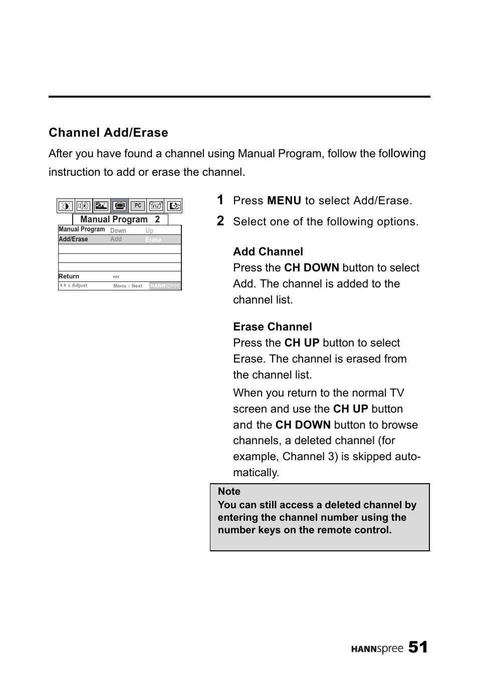 Channel add/erase, Lowing, Instruction to add or erase the channel | Press menu to select add/erase | SRS Labs HANNSPREE NTSCTVTWEN1203 User Manual | Page 52 / 73