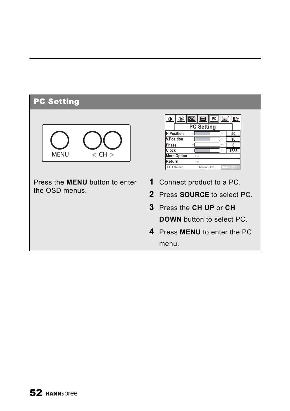 Pc setting | SRS Labs HANNSPREE NTSCTVTWEN1203 User Manual | Page 53 / 73