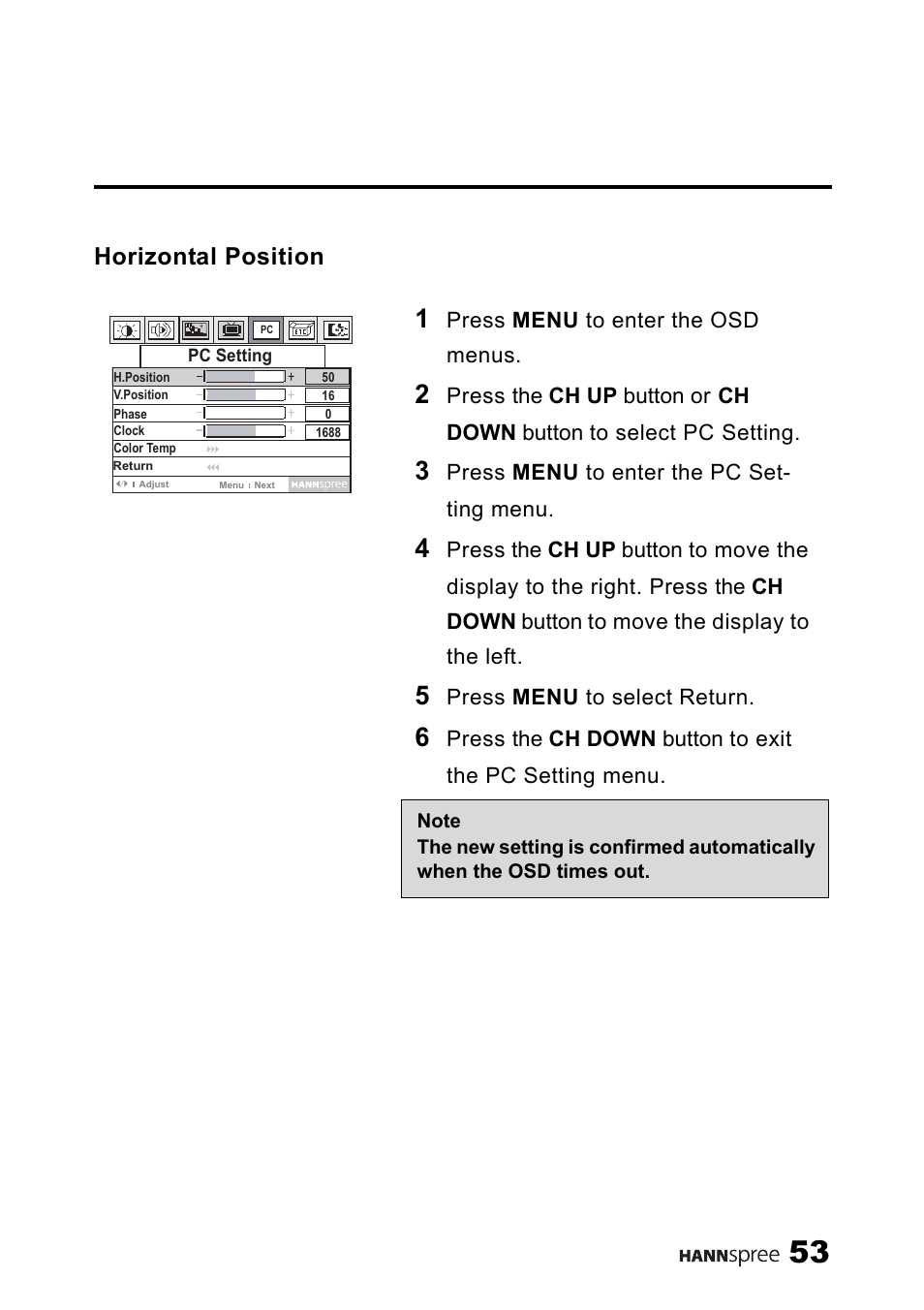 Horizontal position | SRS Labs HANNSPREE NTSCTVTWEN1203 User Manual | Page 54 / 73