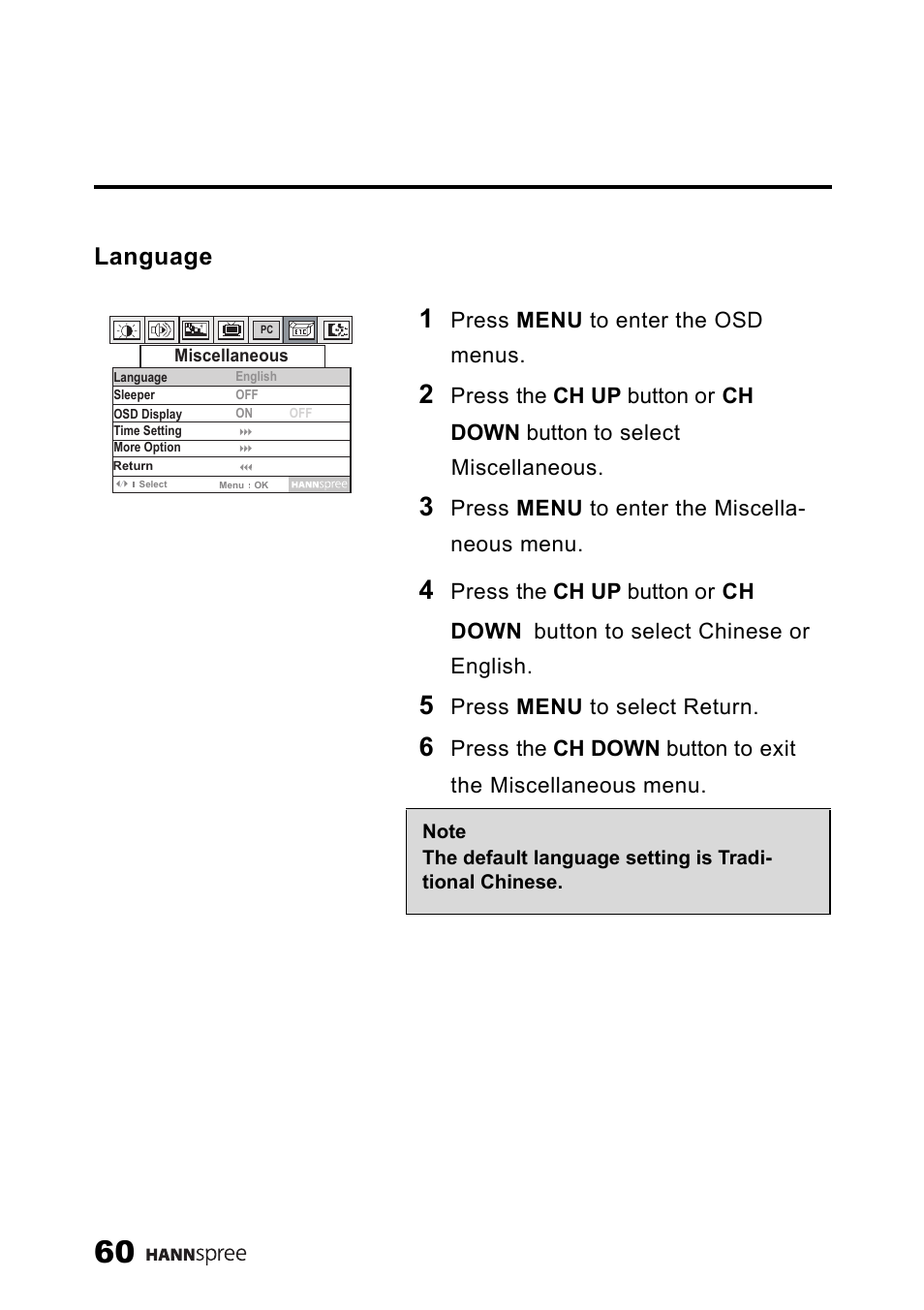 Language | SRS Labs HANNSPREE NTSCTVTWEN1203 User Manual | Page 61 / 73