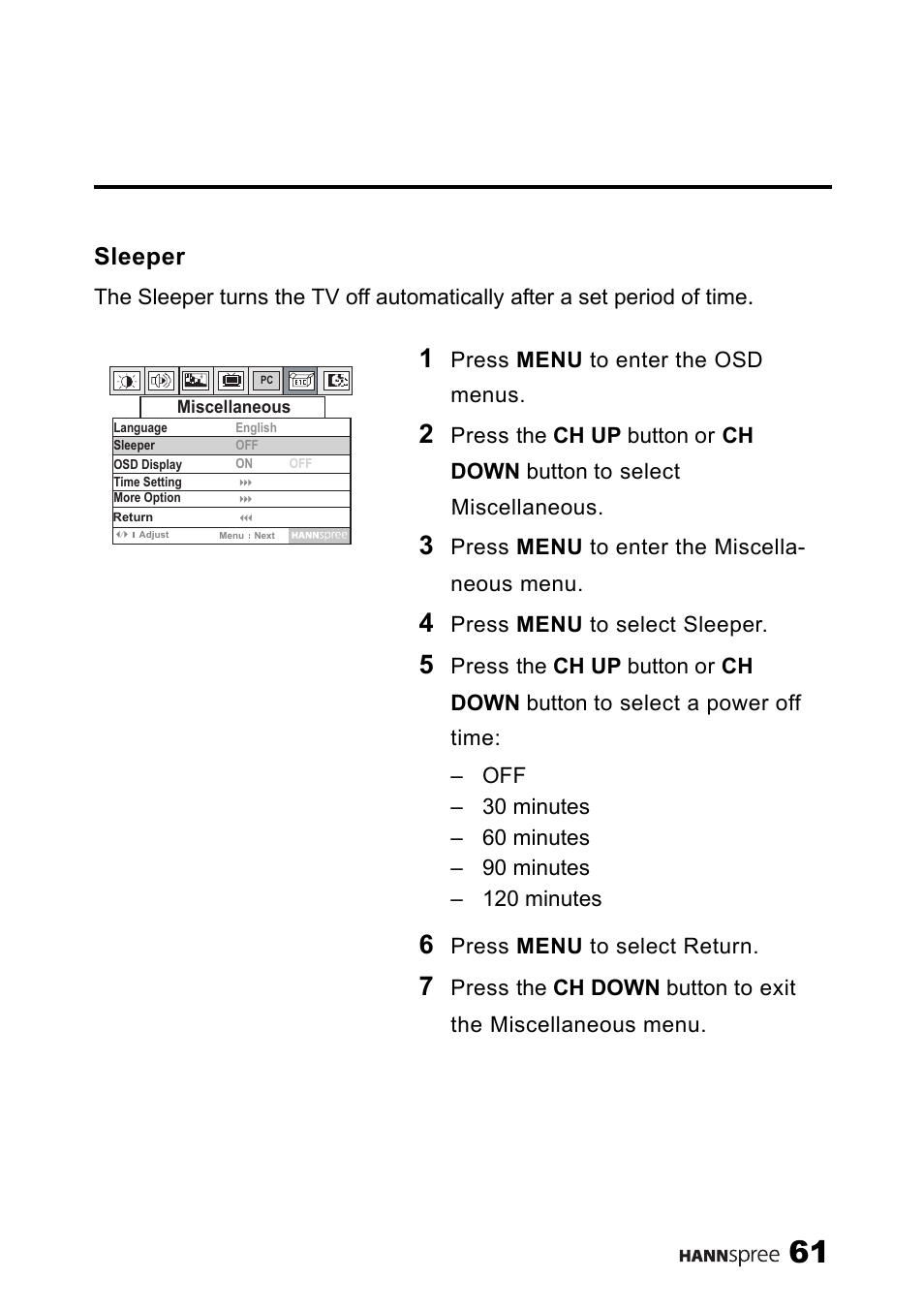 Sleeper | SRS Labs HANNSPREE NTSCTVTWEN1203 User Manual | Page 62 / 73