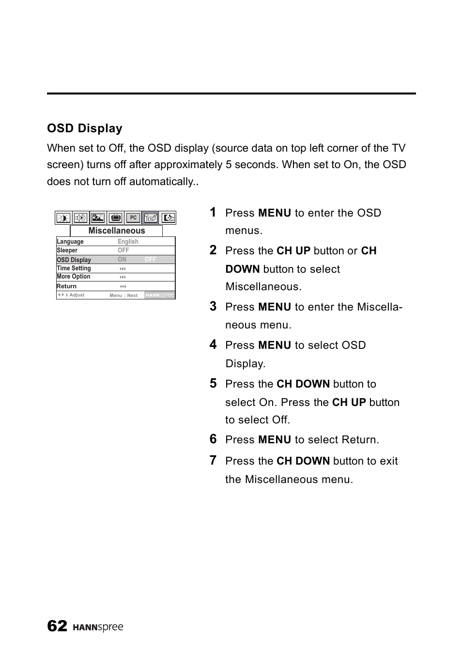 Osd display | SRS Labs HANNSPREE NTSCTVTWEN1203 User Manual | Page 63 / 73