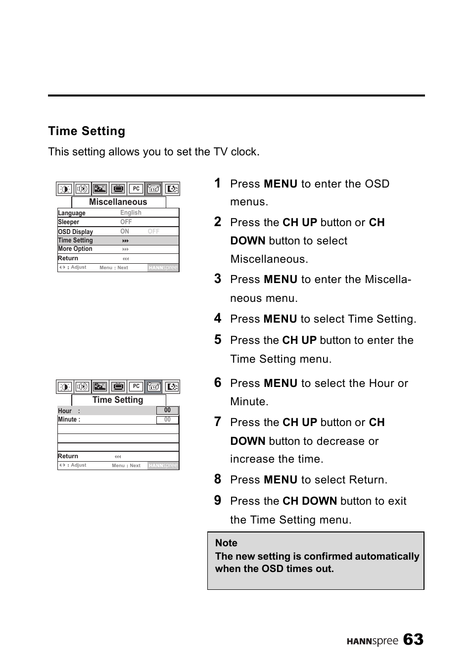 Time setting | SRS Labs HANNSPREE NTSCTVTWEN1203 User Manual | Page 64 / 73