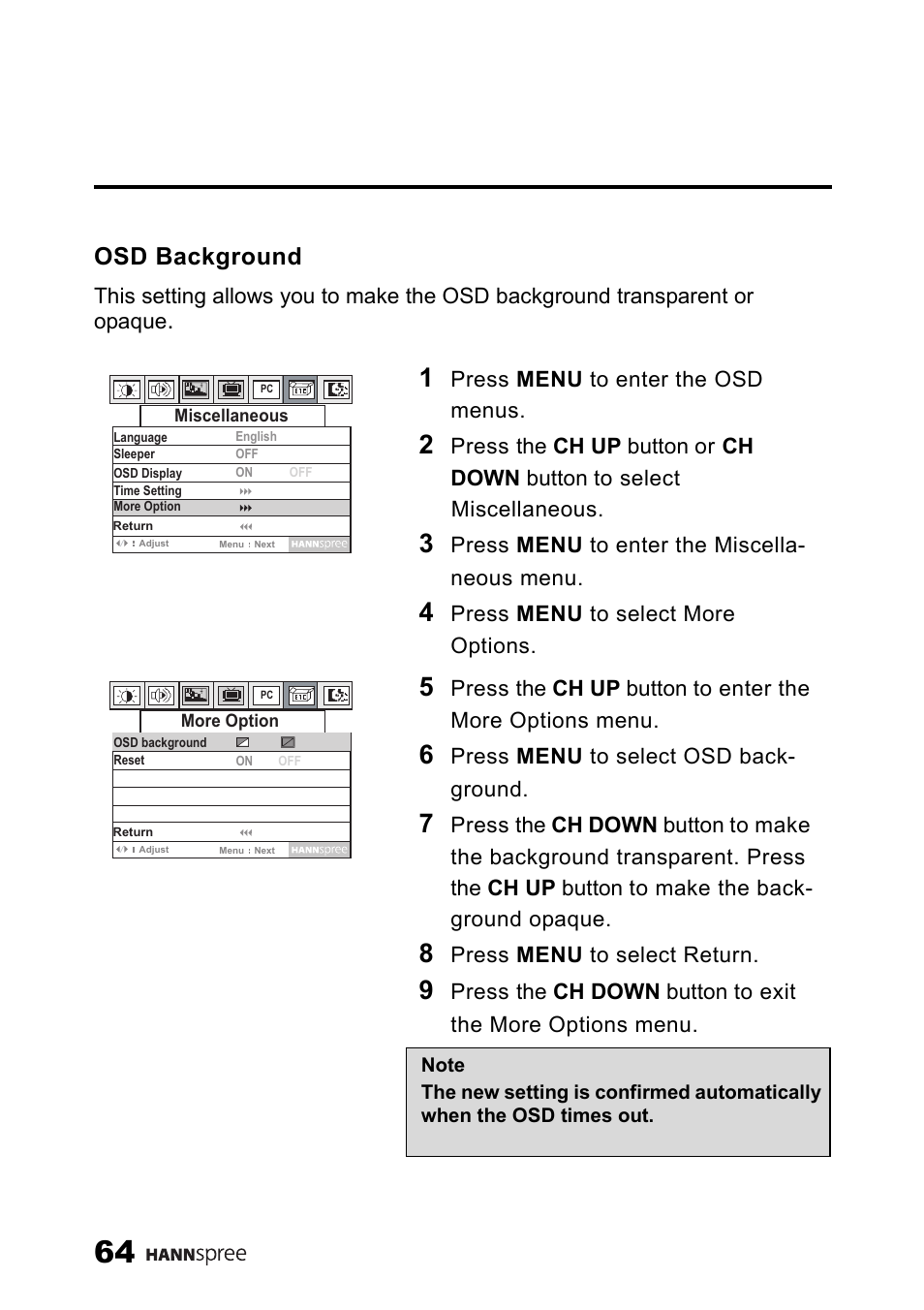 Osd background | SRS Labs HANNSPREE NTSCTVTWEN1203 User Manual | Page 65 / 73