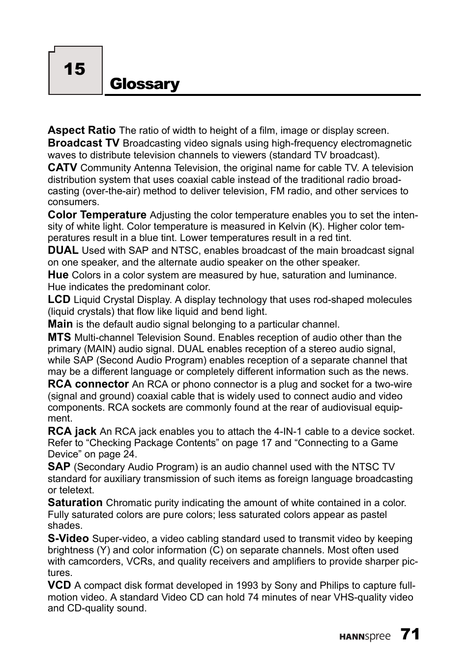 Glossary | SRS Labs HANNSPREE NTSCTVTWEN1203 User Manual | Page 72 / 73