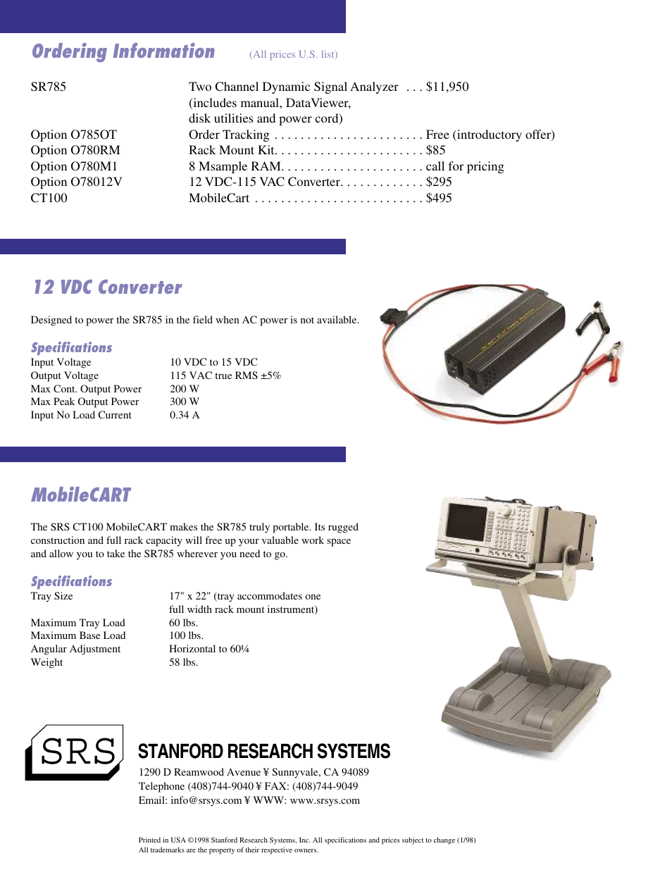 Stanford research systems, Ordering information, Mobilecart | 12 vdc converter | SRS Labs SR785 User Manual | Page 14 / 14