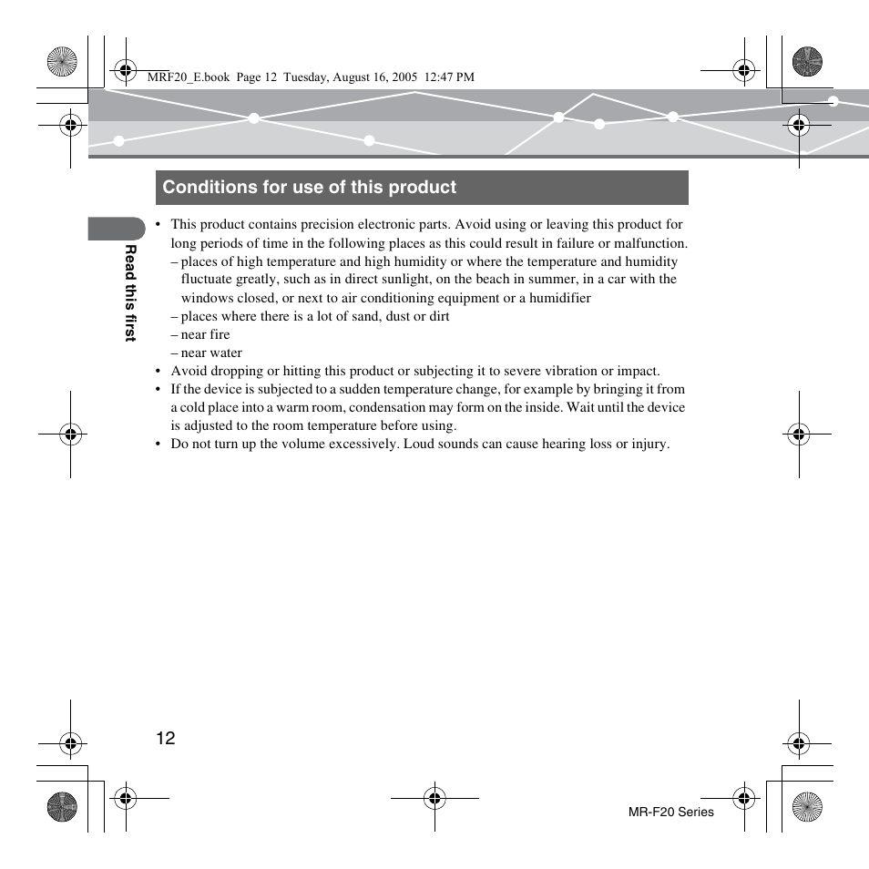 Conditions for use of this product | SRS Labs MR-F20 User Manual | Page 12 / 87