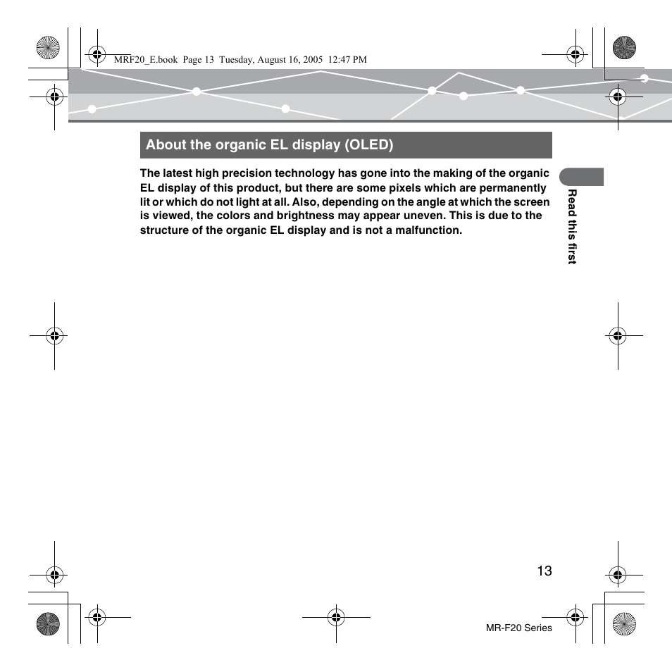 About the organic el display (oled) | SRS Labs MR-F20 User Manual | Page 13 / 87