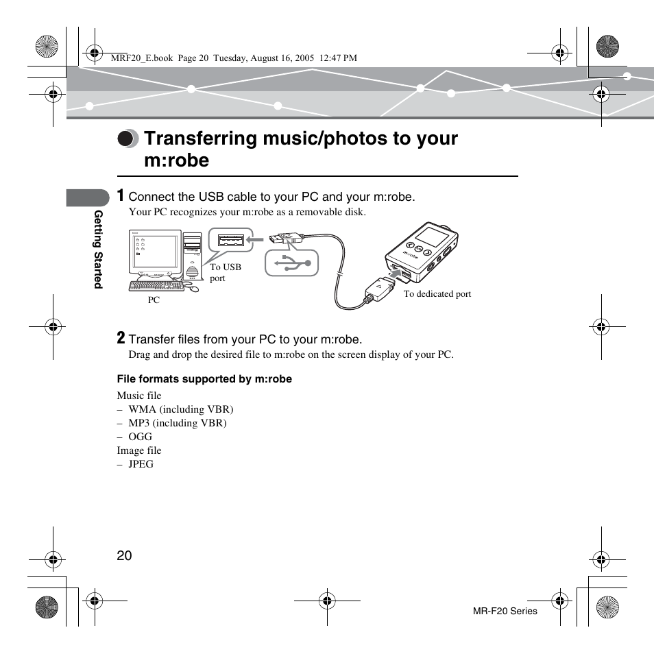 Transferring music/photos to your m:robe | SRS Labs MR-F20 User Manual | Page 20 / 87