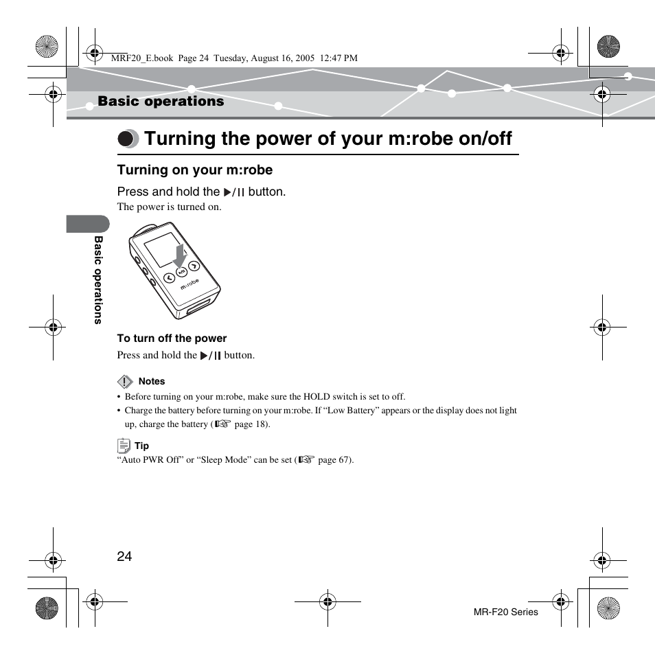 Basic operations, Turning the power of your m:robe on/off, Basic operations turning on your m:robe | SRS Labs MR-F20 User Manual | Page 24 / 87