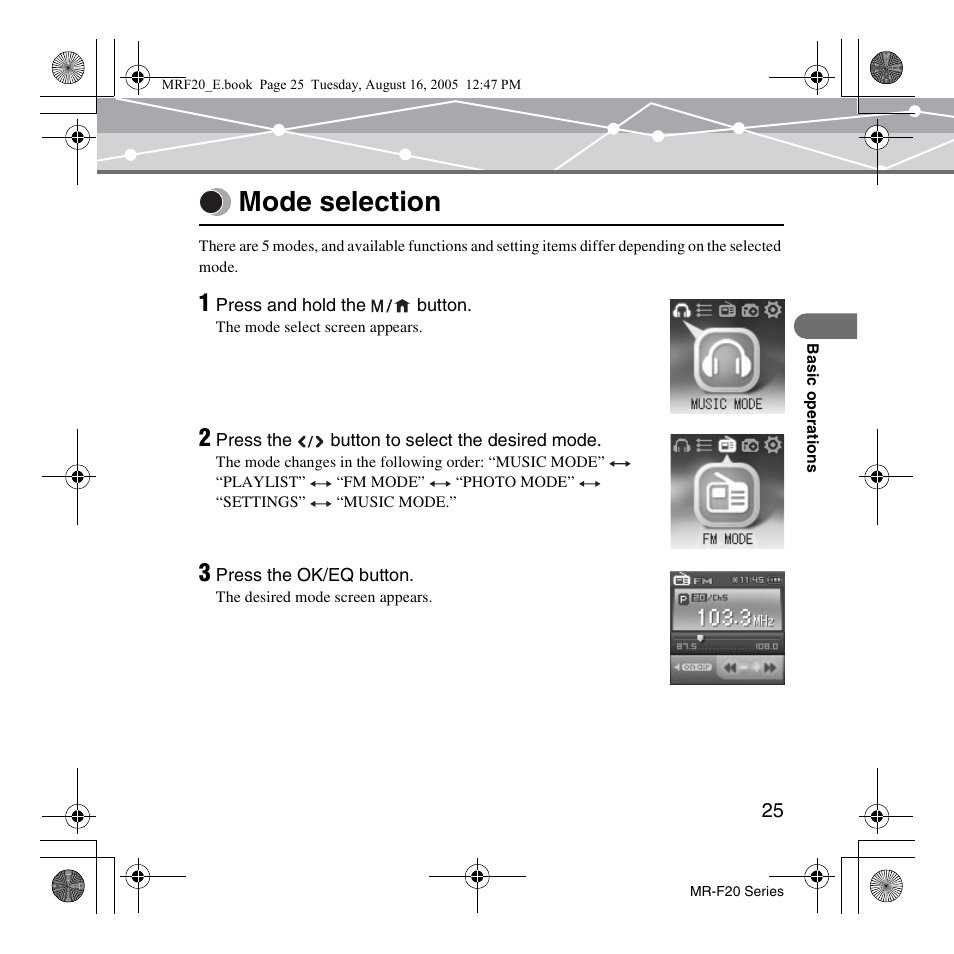 Mode selection | SRS Labs MR-F20 User Manual | Page 25 / 87