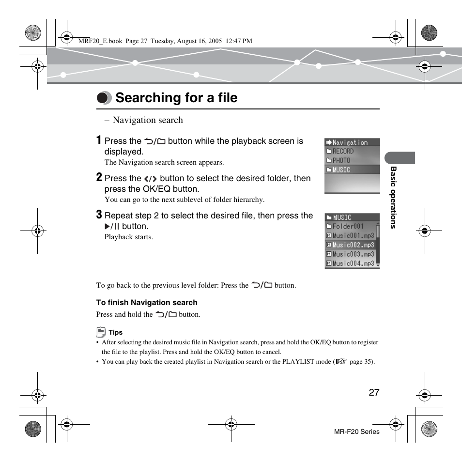 Searching for a file | SRS Labs MR-F20 User Manual | Page 27 / 87