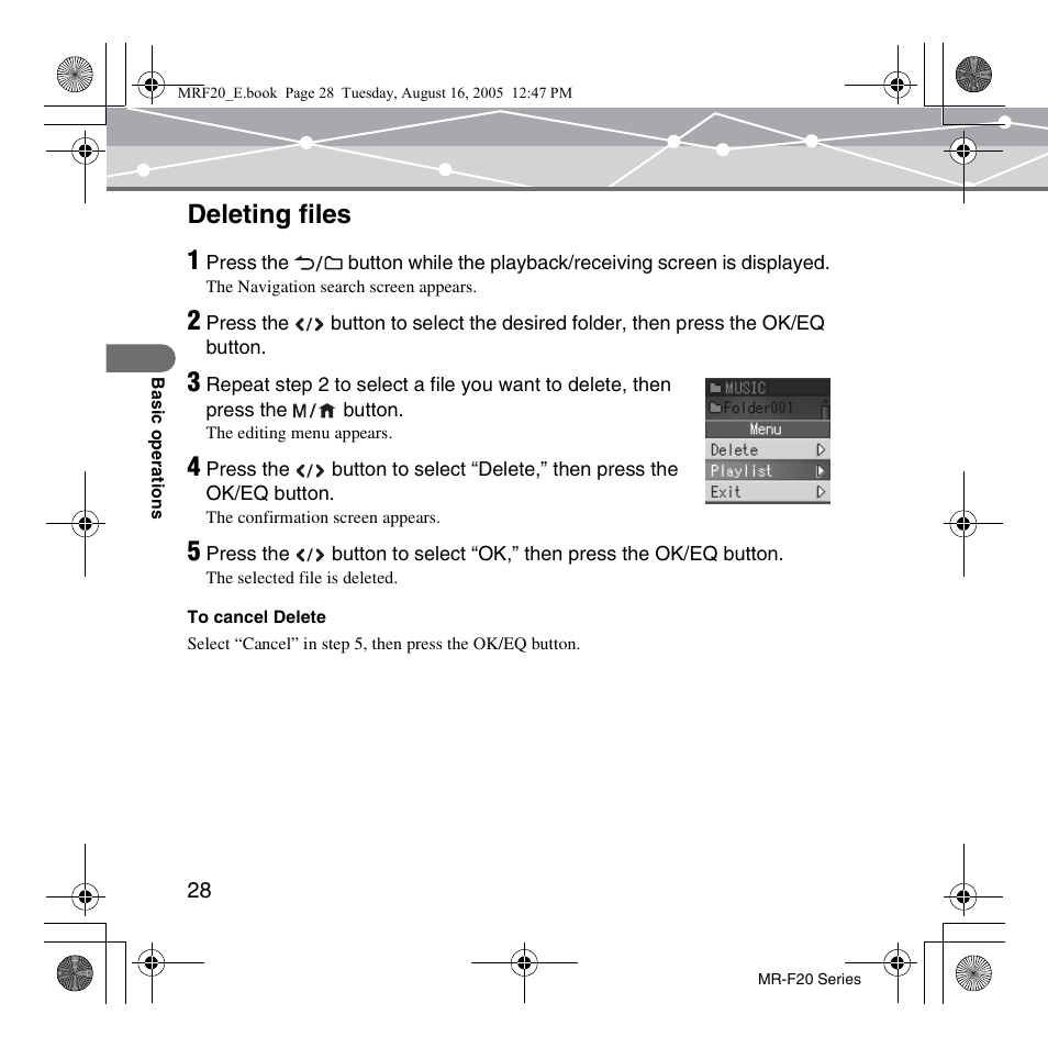 Deleting files, Deleting files 1 | SRS Labs MR-F20 User Manual | Page 28 / 87