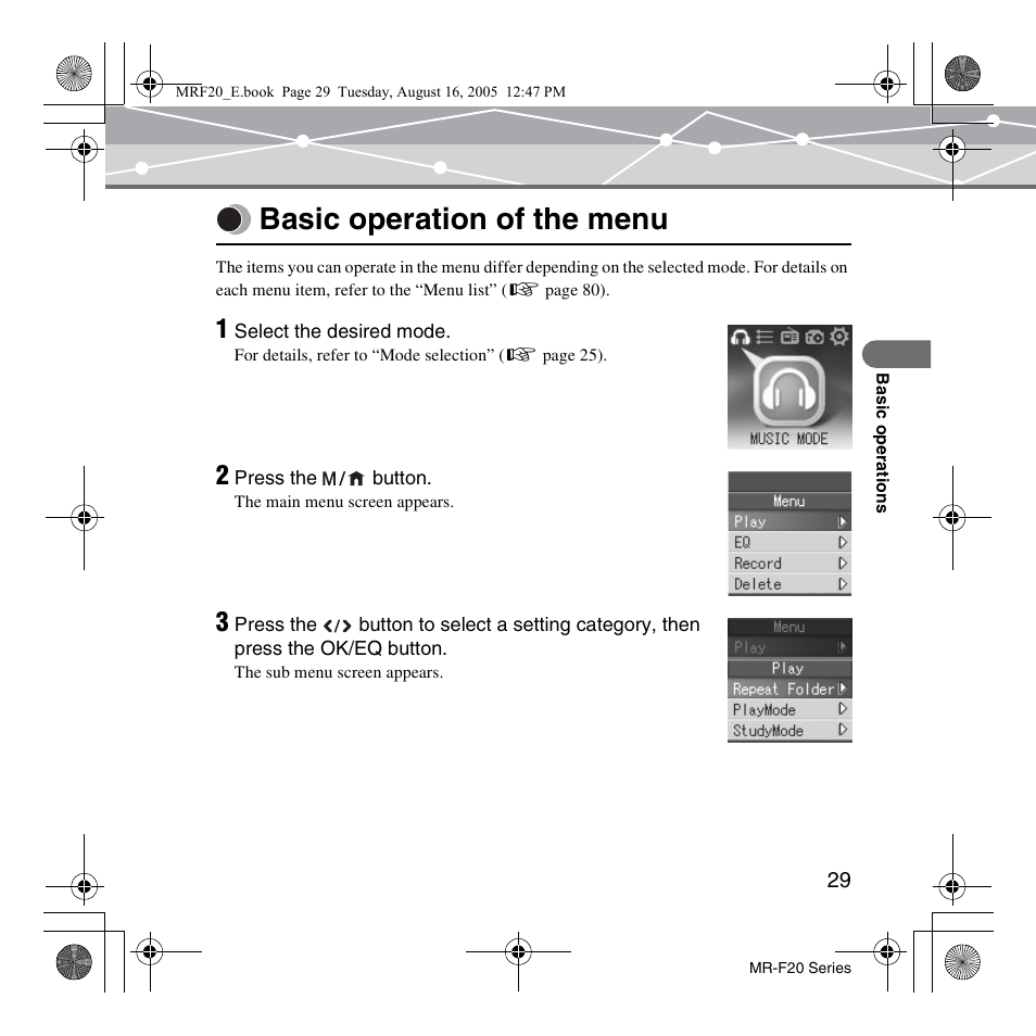 Basic operation of the menu | SRS Labs MR-F20 User Manual | Page 29 / 87