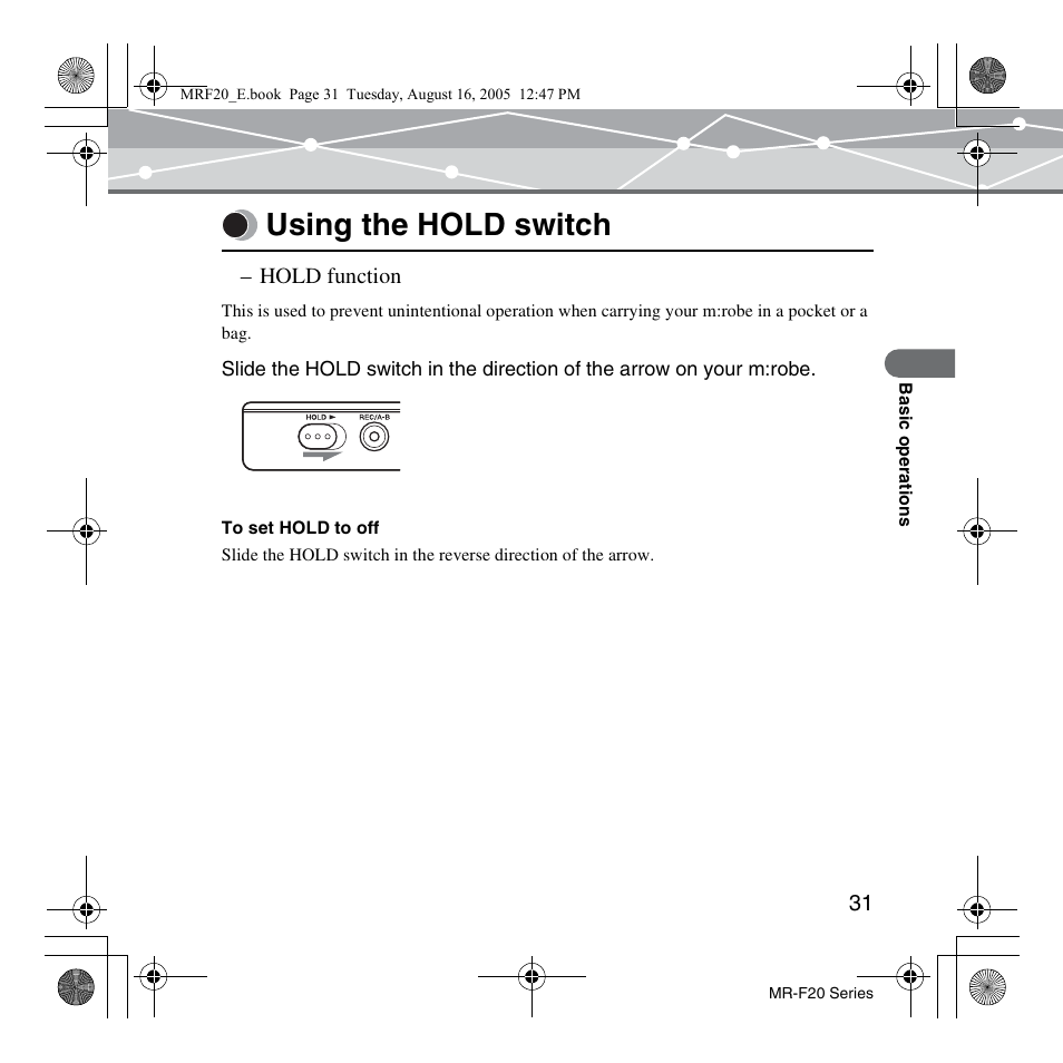 Using the hold switch | SRS Labs MR-F20 User Manual | Page 31 / 87