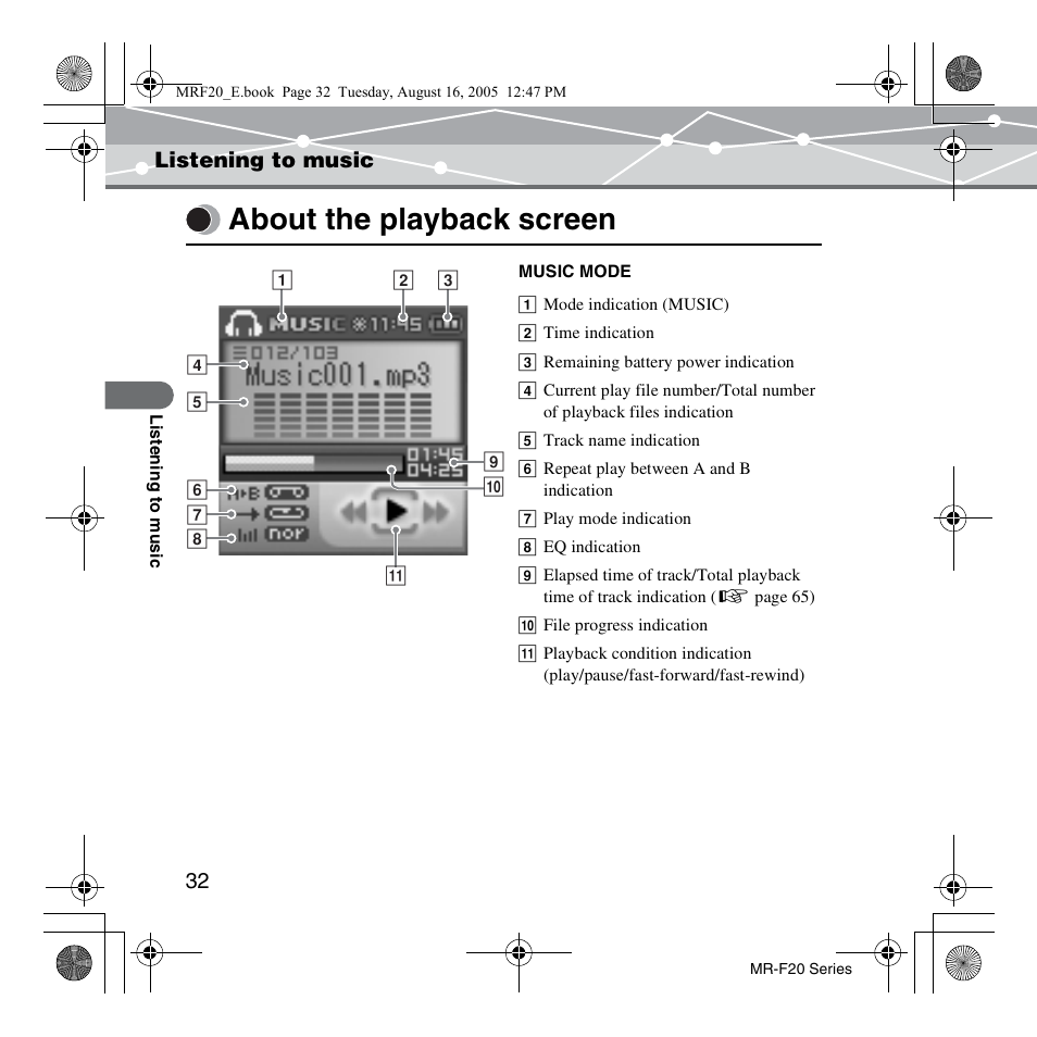 Listening to music, About the playback screen, Listening to music about the playback screen | SRS Labs MR-F20 User Manual | Page 32 / 87