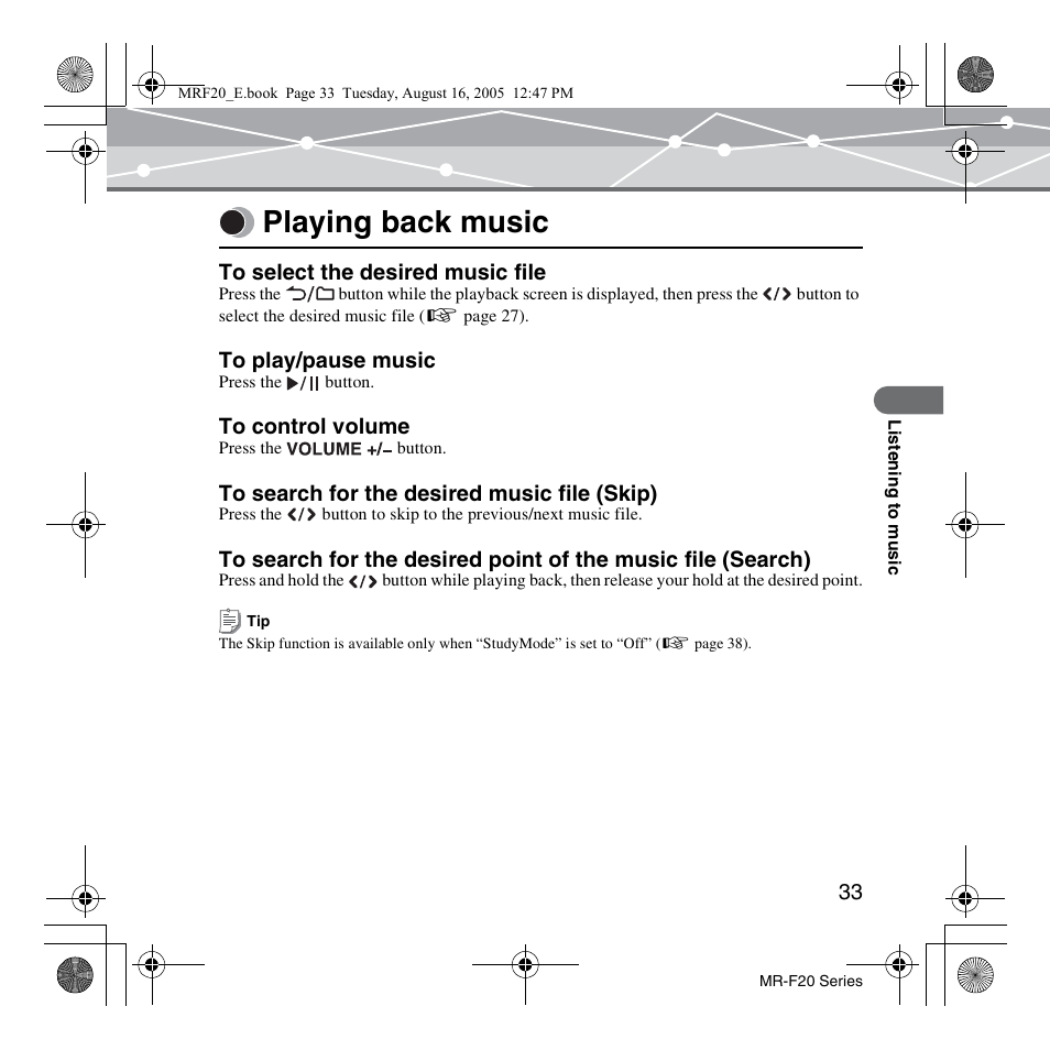 Playing back music | SRS Labs MR-F20 User Manual | Page 33 / 87