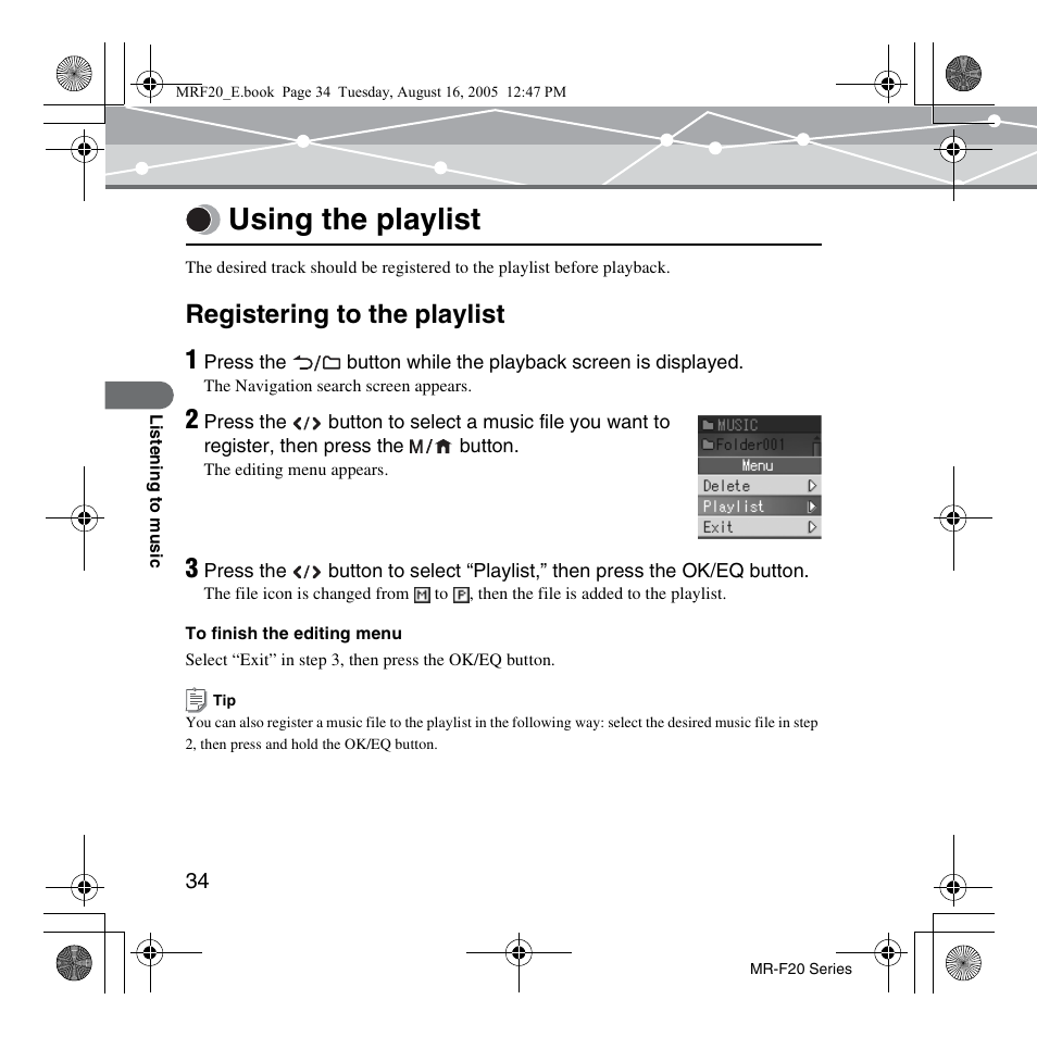 Using the playlist, Registering to the playlist, Registering to the playlist 1 | SRS Labs MR-F20 User Manual | Page 34 / 87