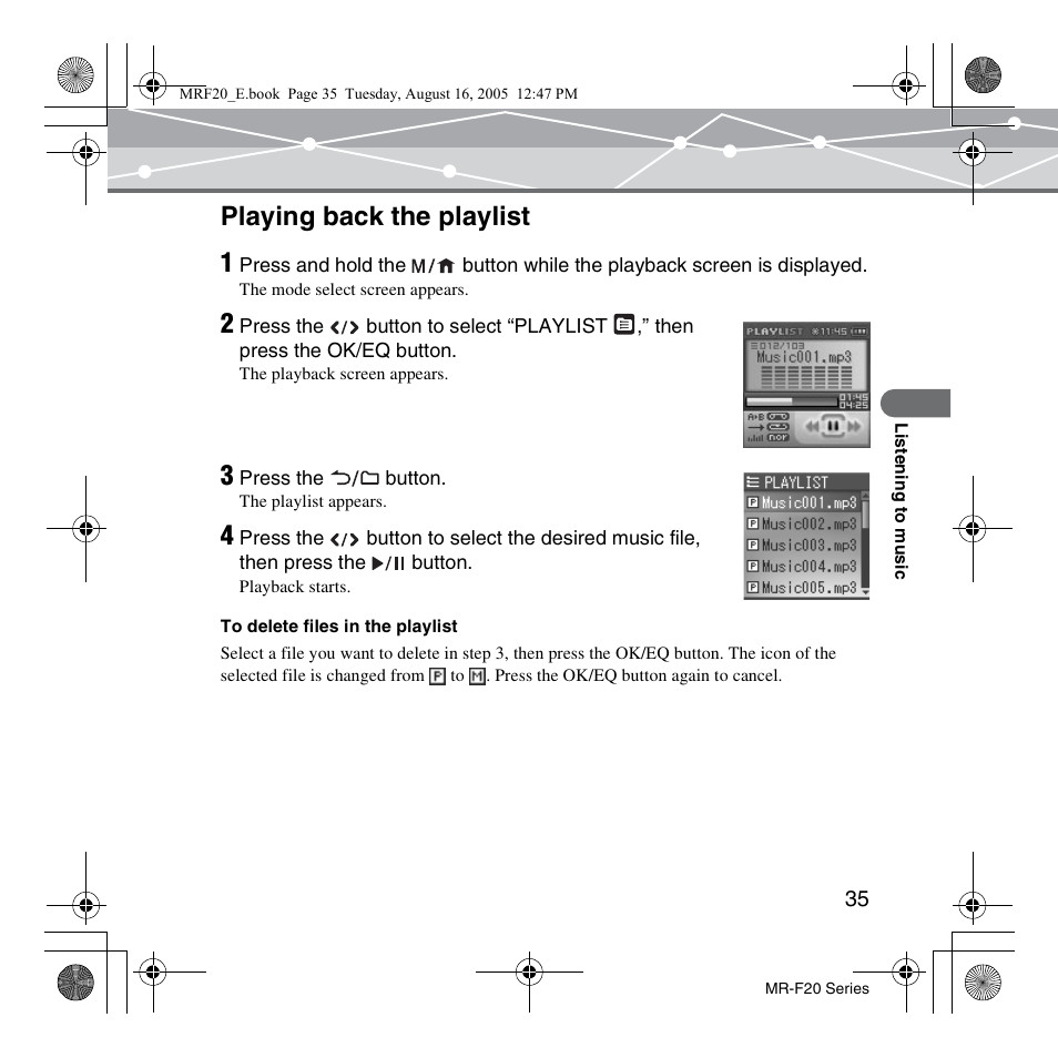 Playing back the playlist, Playing back the playlist 1 | SRS Labs MR-F20 User Manual | Page 35 / 87