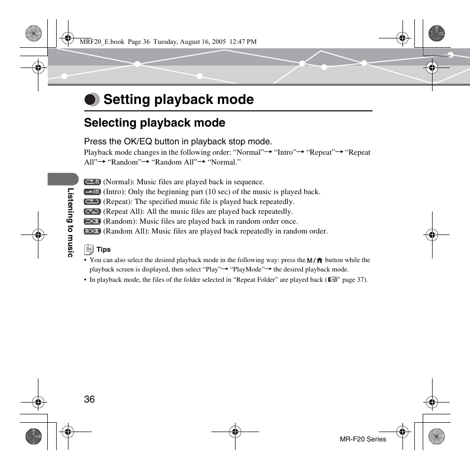 Setting playback mode, Selecting playback mode | SRS Labs MR-F20 User Manual | Page 36 / 87