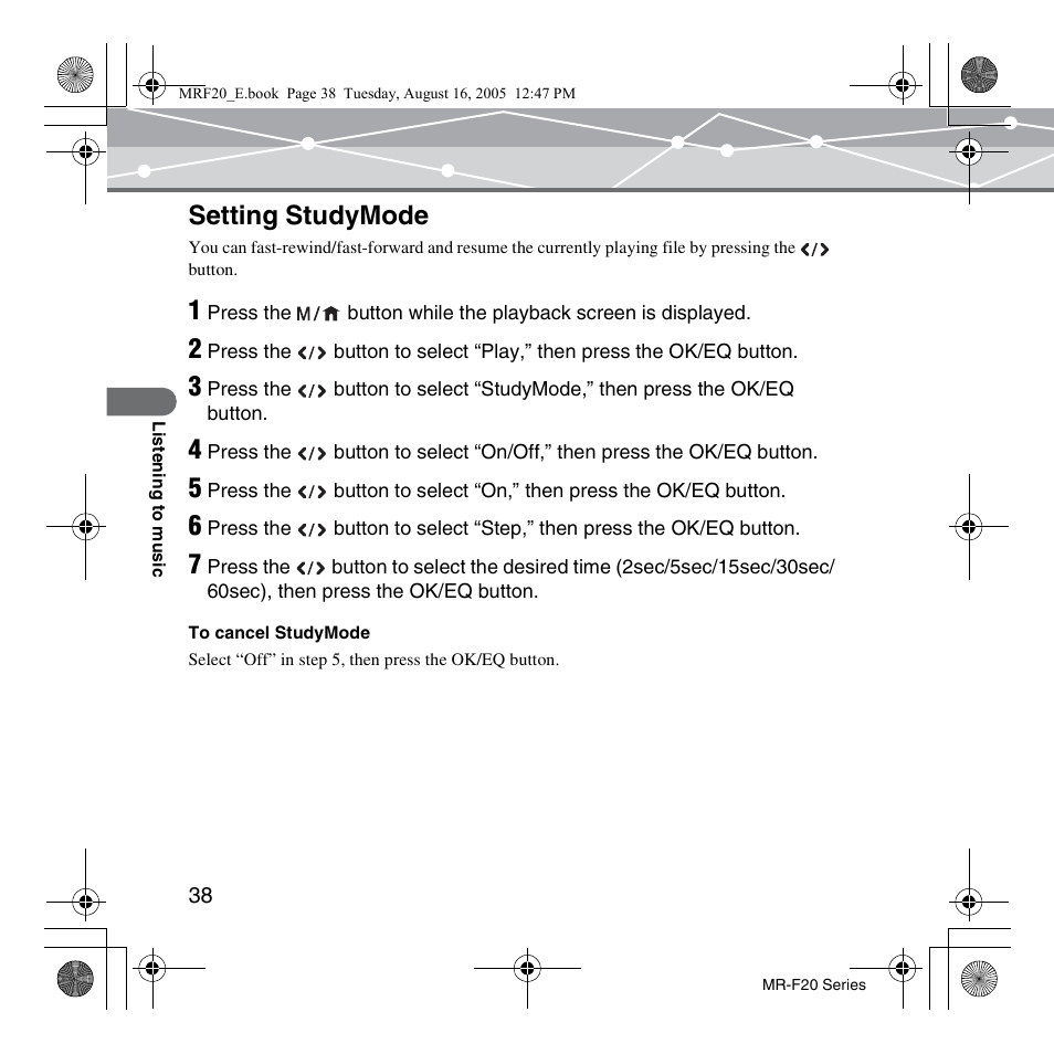 Setting studymode | SRS Labs MR-F20 User Manual | Page 38 / 87